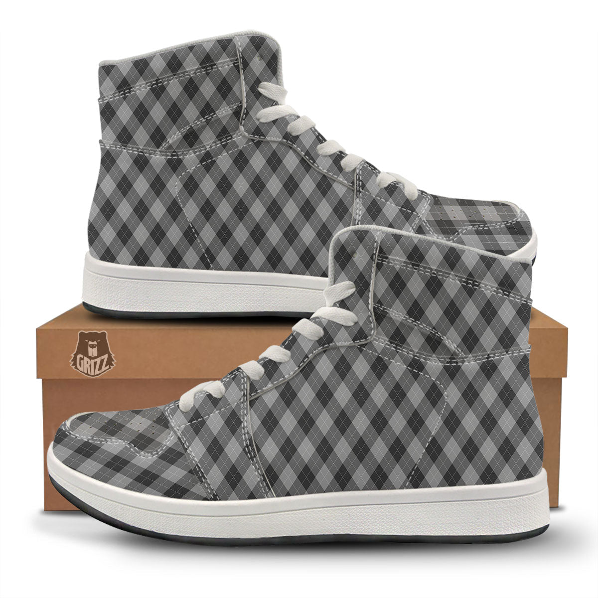 Argyle Shadow Grey Print Pattern High Top Sneakers-grizzshop
