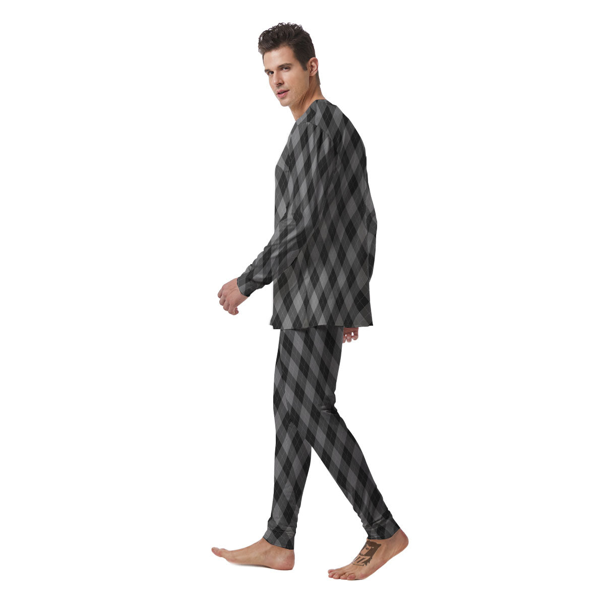 Argyle Shadow Grey Print Pattern Men's Pajamas-grizzshop