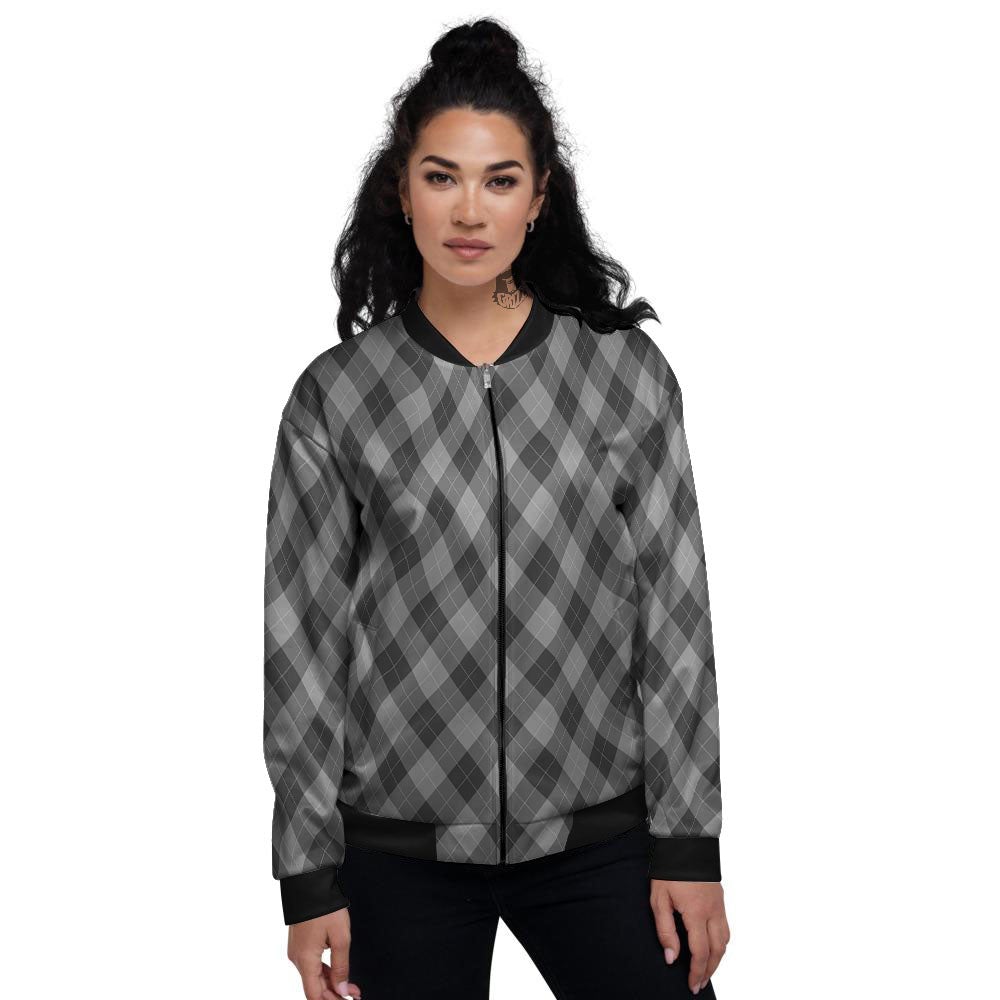 Argyle Shadow Grey Print Pattern Women's Bomber Jacket-grizzshop