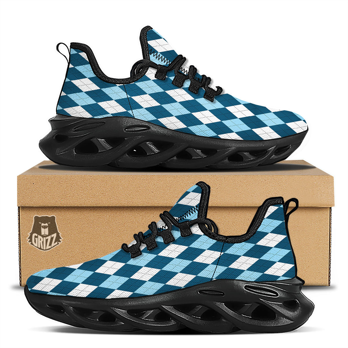 Argyle Soft Blue Print Pattern Black Running Shoes-grizzshop