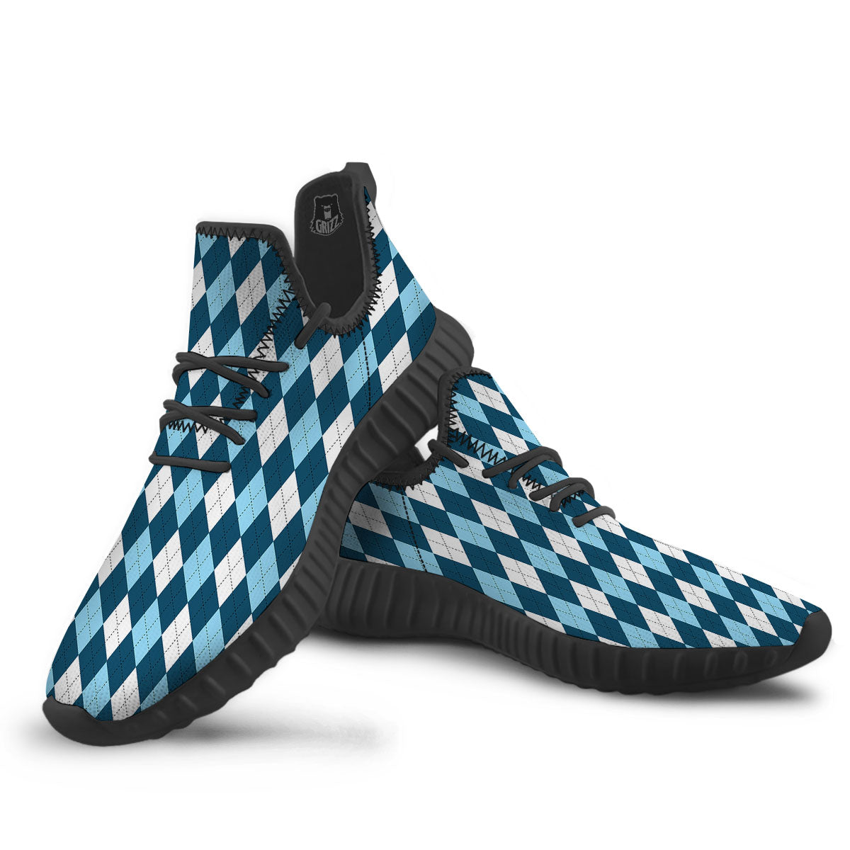 Argyle Soft Blue Print Pattern Black Walking Shoes-grizzshop