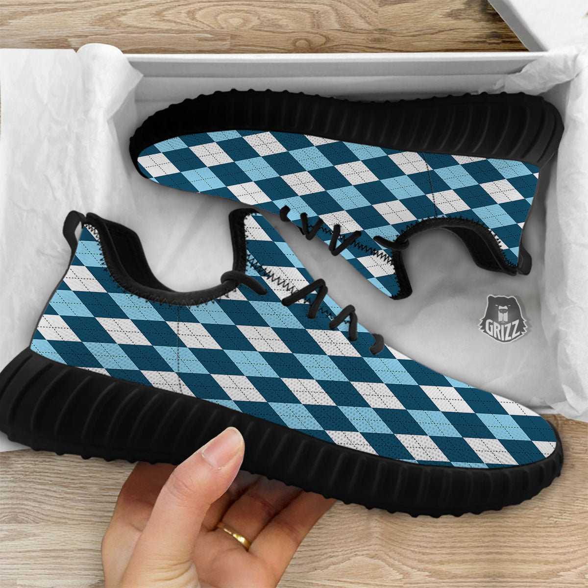Argyle Soft Blue Print Pattern Black Walking Shoes-grizzshop