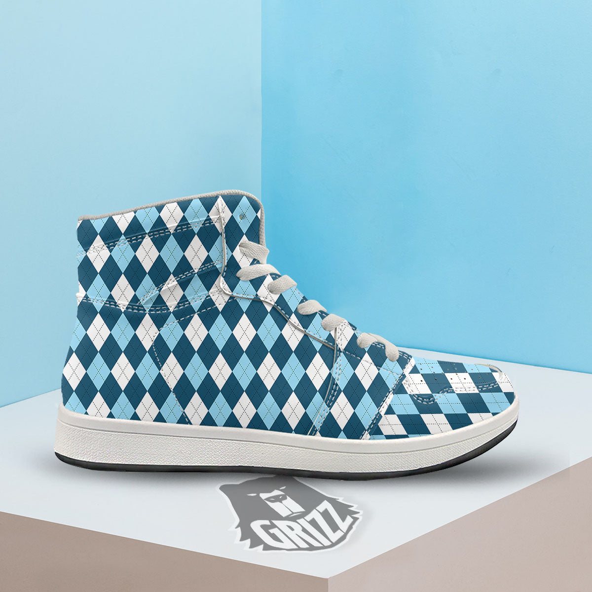 Argyle Soft Blue Print Pattern High Top Sneakers-grizzshop