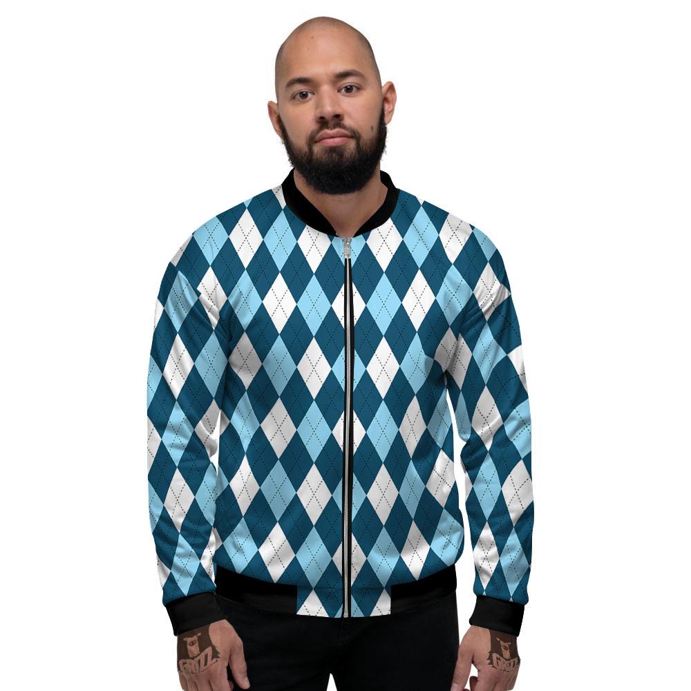 Argyle Soft Blue Print Pattern Men's Bomber Jacket-grizzshop