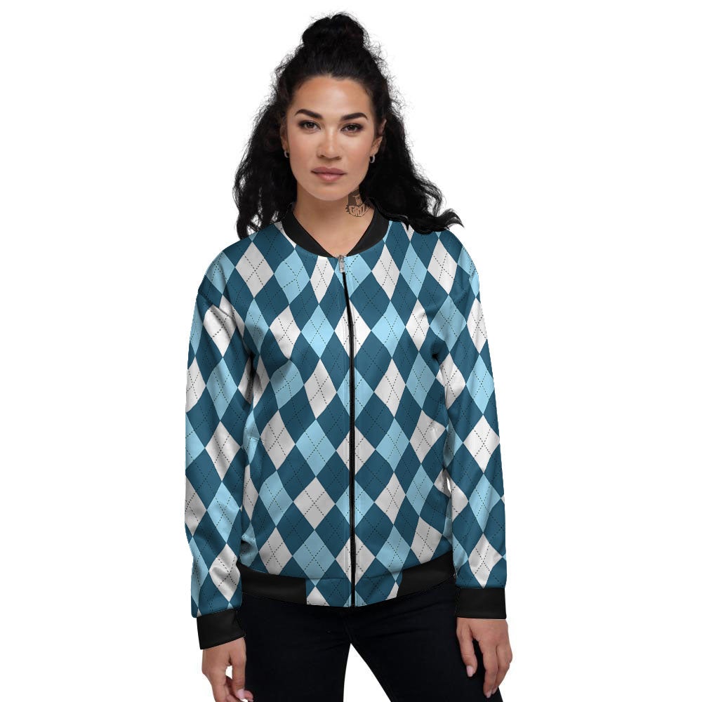 Argyle Soft Blue Print Pattern Women's Bomber Jacket-grizzshop