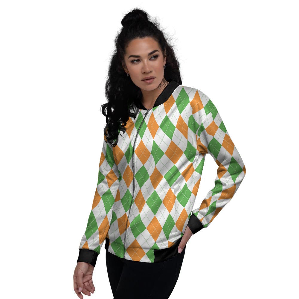 Argyle St Patrick's Day Print Pattern Women's Bomber Jacket-grizzshop
