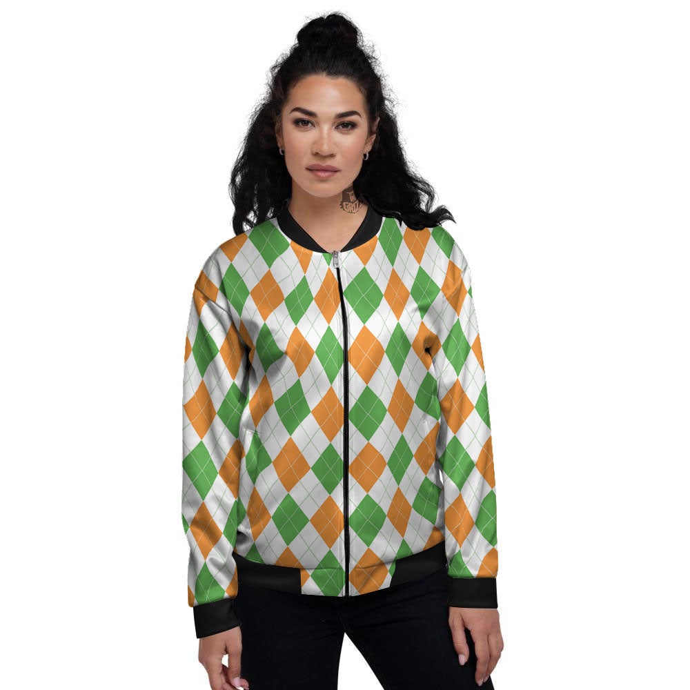 Argyle St Patrick's Day Print Pattern Women's Bomber Jacket-grizzshop