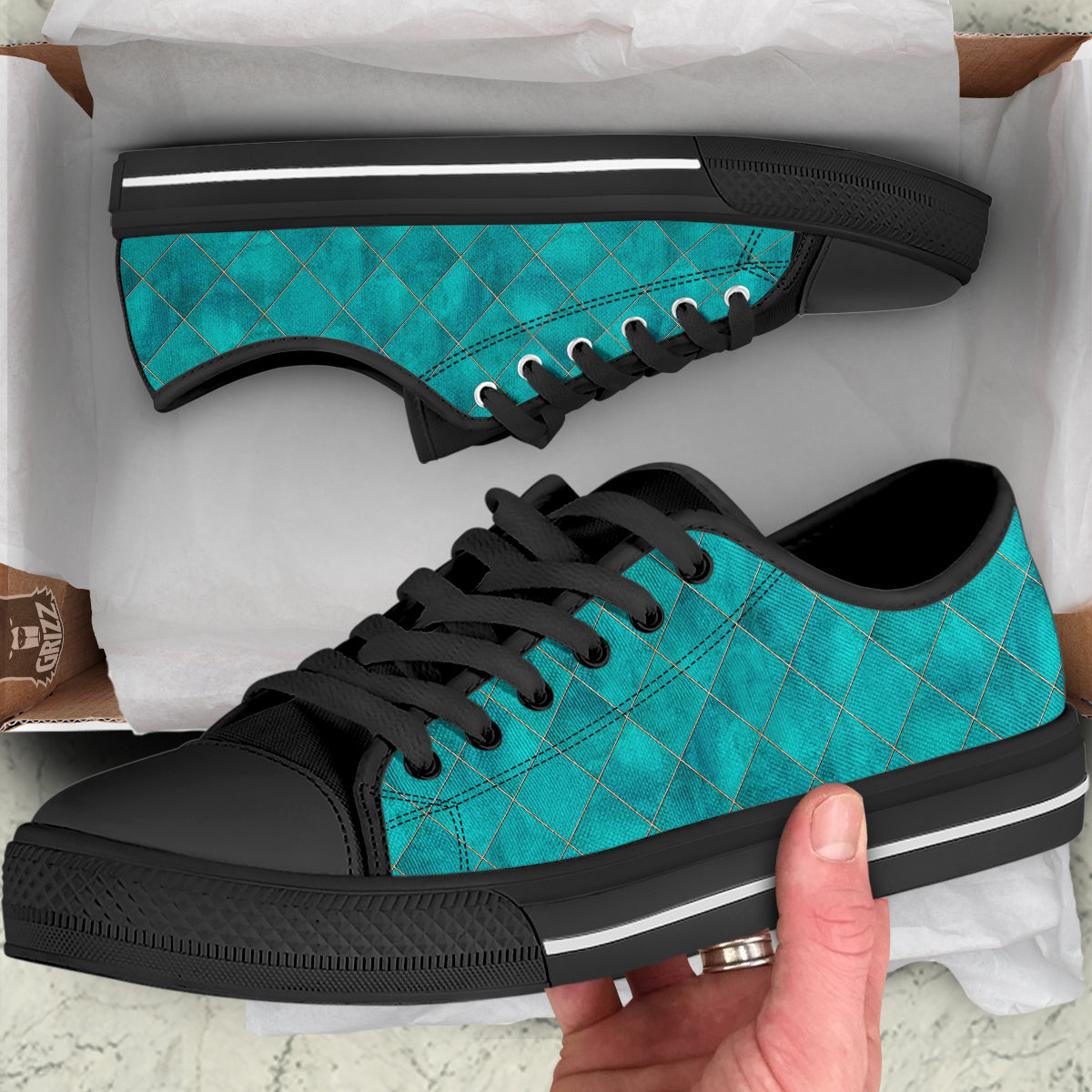 Argyle Turquoise Print Pattern Black Low Top Shoes-grizzshop
