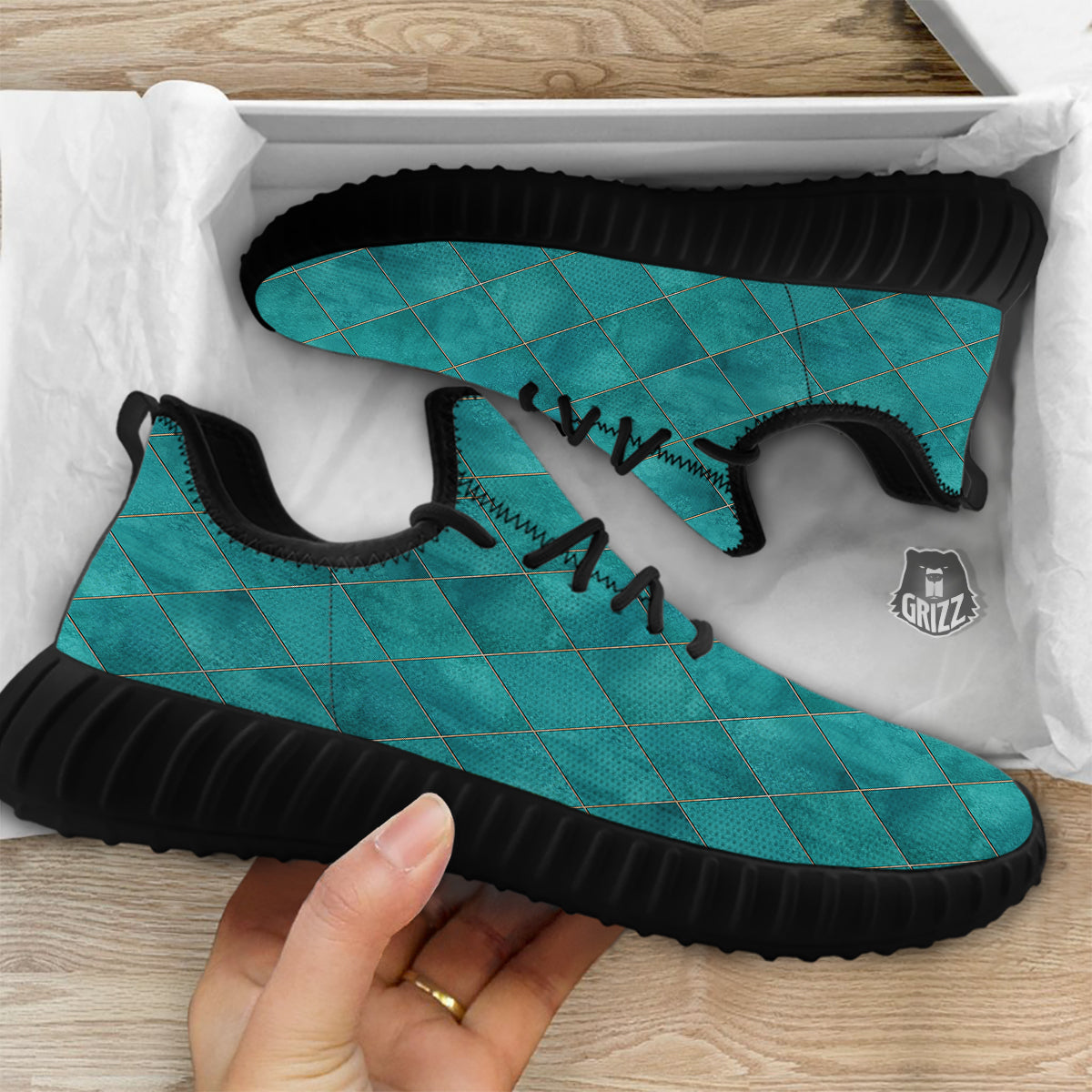Argyle Turquoise Print Pattern Black Walking Shoes-grizzshop
