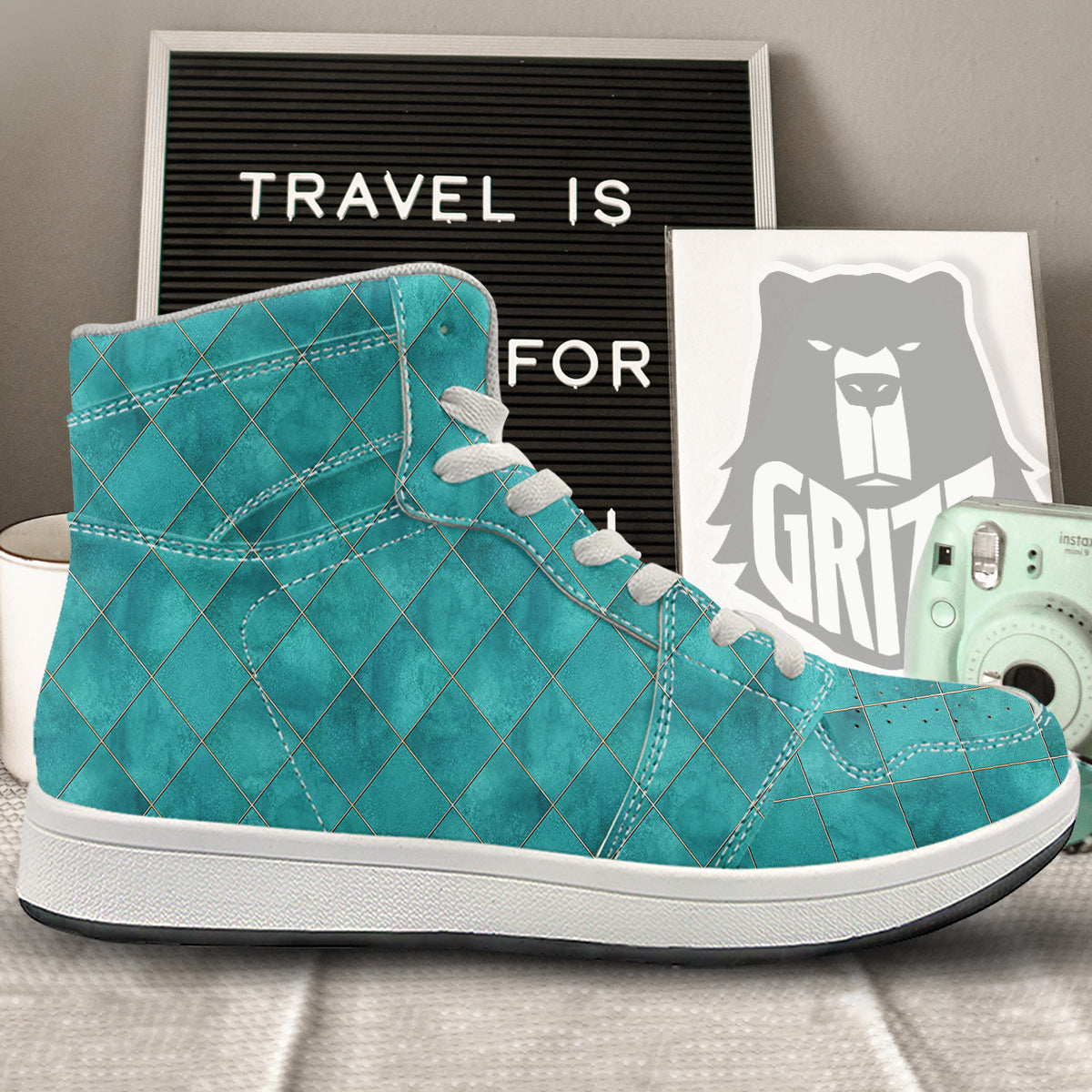 Argyle Turquoise Print Pattern High Top Sneakers-grizzshop