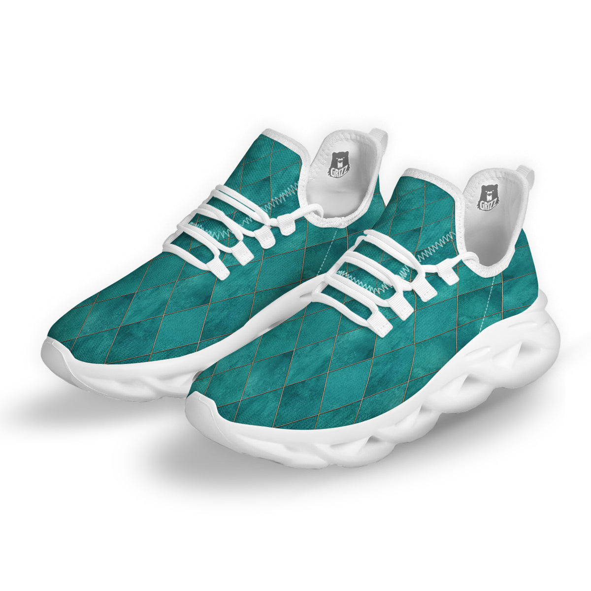 Argyle Turquoise Print Pattern White Running Shoes-grizzshop
