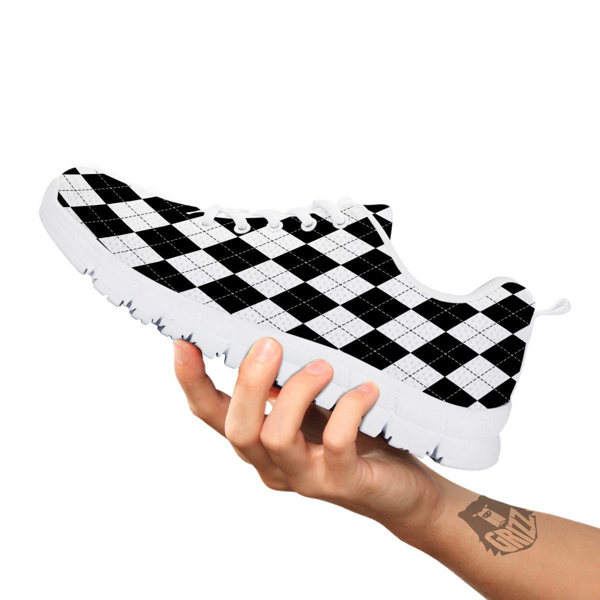 Argyle White And Black Print Pattern White Sneaker-grizzshop
