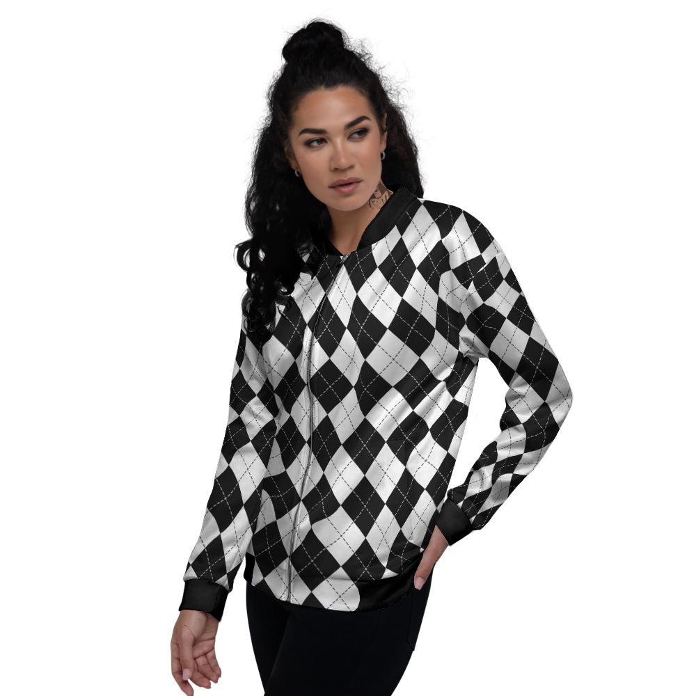 Argyle White And Black Print Pattern Women's Bomber Jacket-grizzshop