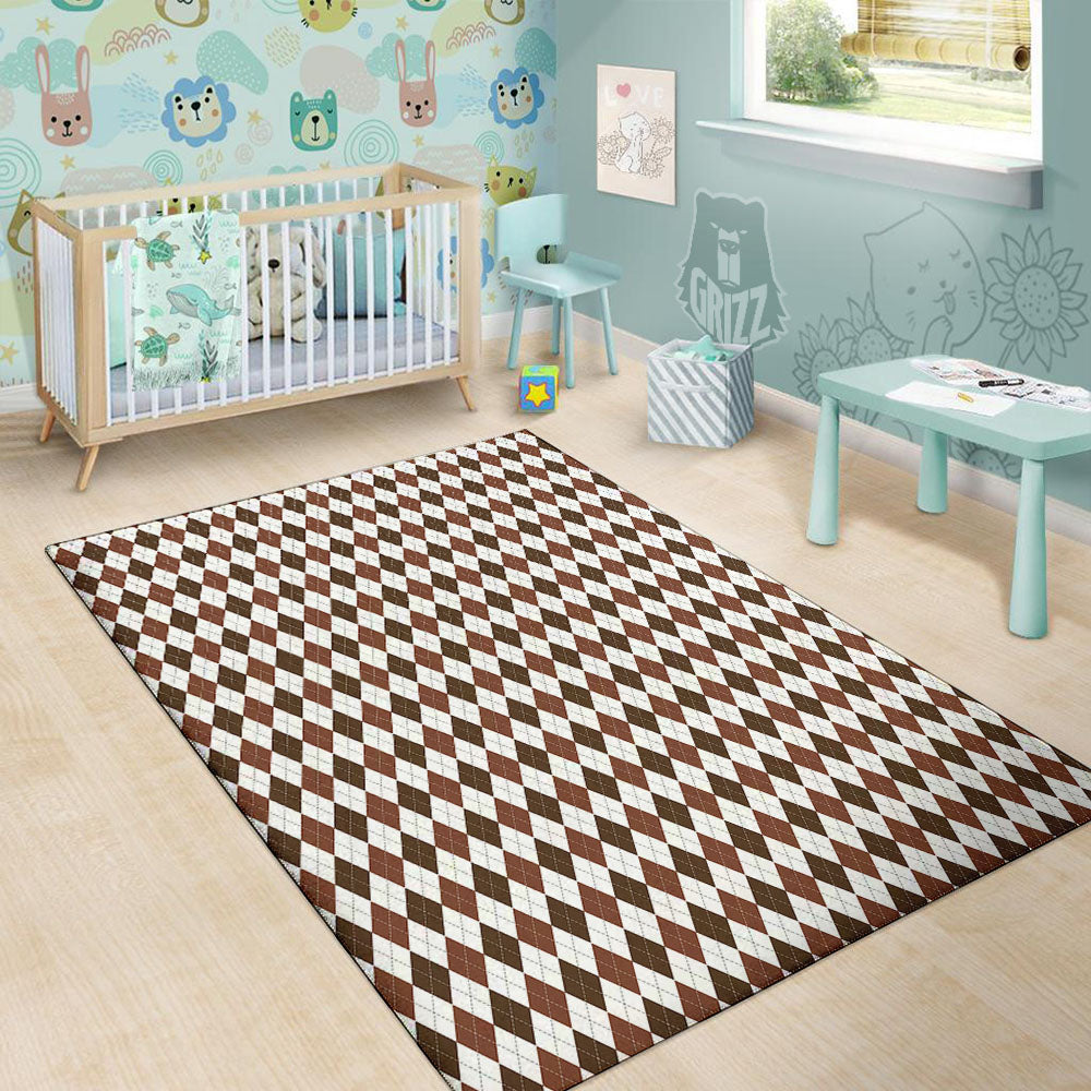 Argyle White And Brown Print Pattern Floor Mat-grizzshop