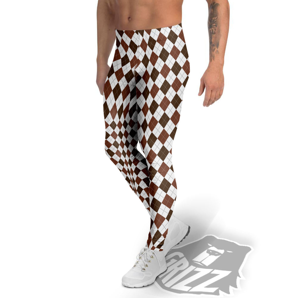 Argyle White And Brown Print Pattern Men's Leggings-grizzshop