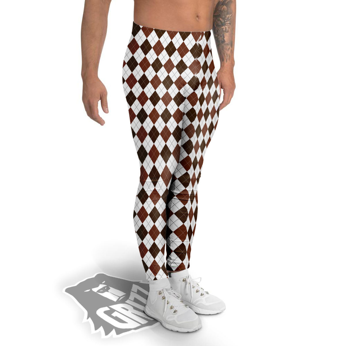 Argyle White And Brown Print Pattern Men's Leggings-grizzshop
