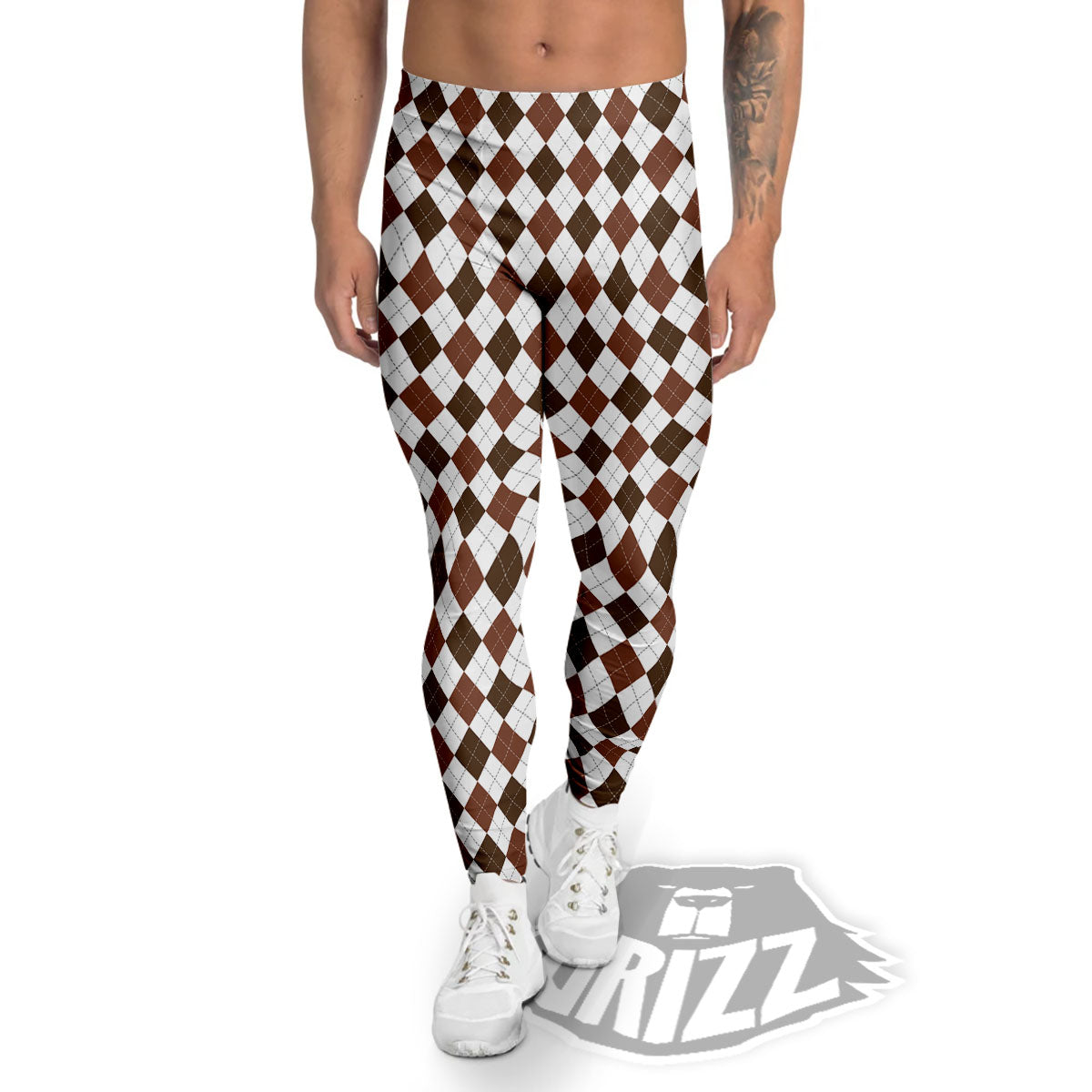 Argyle White And Brown Print Pattern Men's Leggings-grizzshop