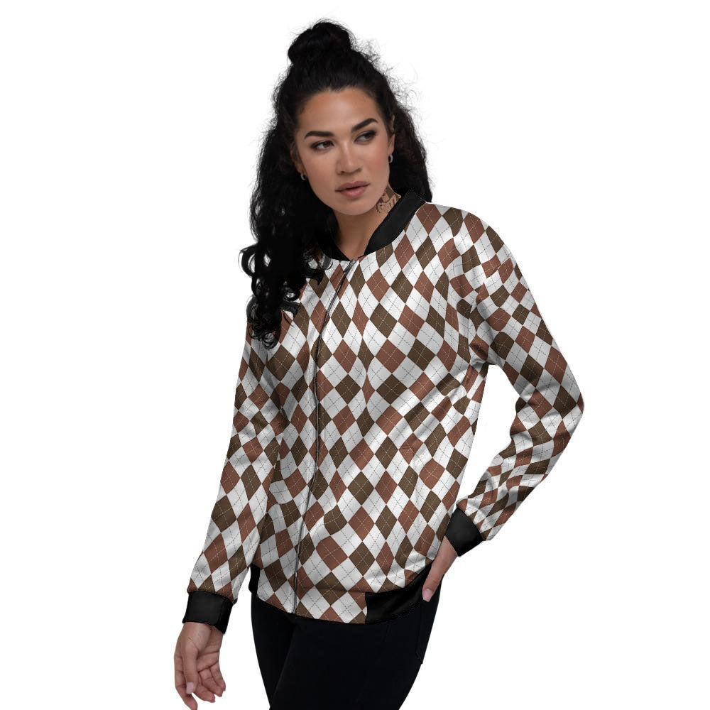 Argyle White And Brown Print Pattern Women's Bomber Jacket-grizzshop
