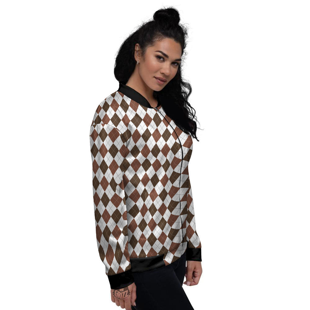 Argyle White And Brown Print Pattern Women's Bomber Jacket-grizzshop