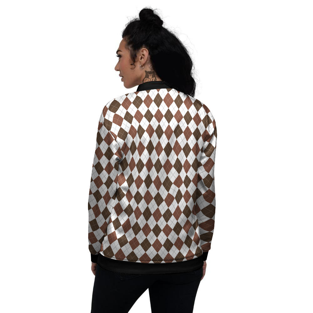 Argyle White And Brown Print Pattern Women's Bomber Jacket-grizzshop