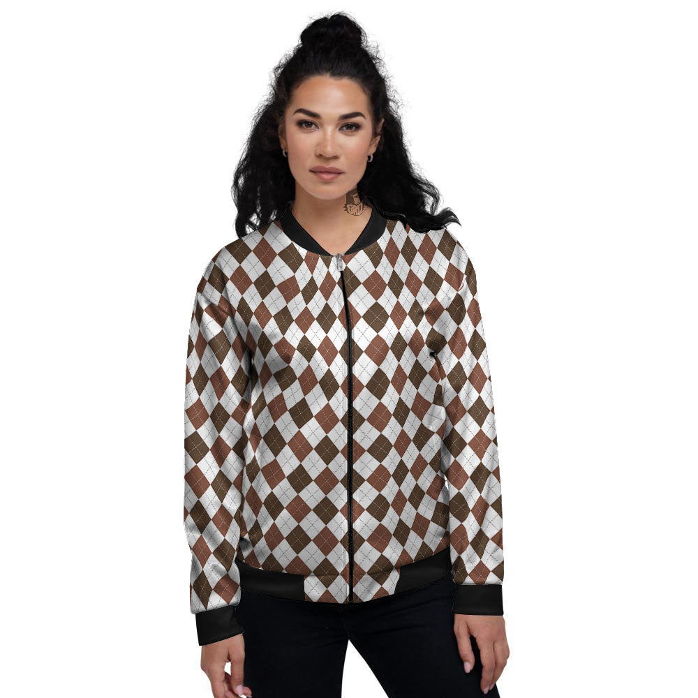 Argyle White And Brown Print Pattern Women's Bomber Jacket-grizzshop