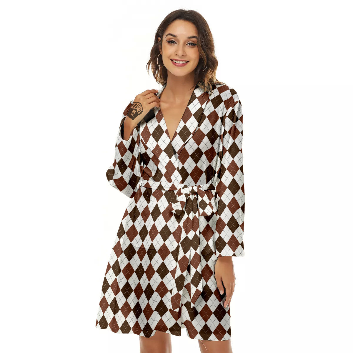 Argyle White And Brown Print Pattern Women's Robe-grizzshop