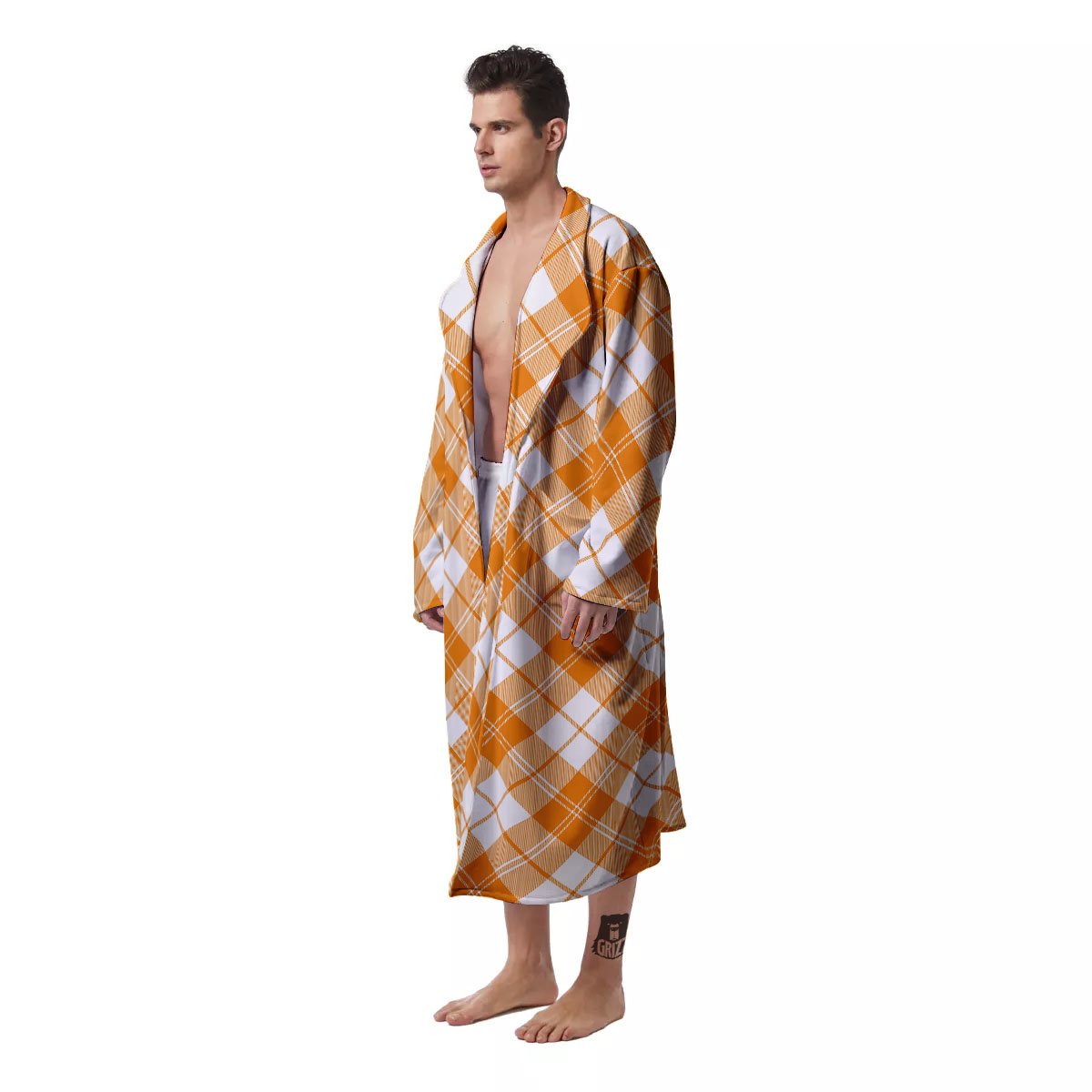 Argyle White And Orange Print Pattern Men's Robe-grizzshop