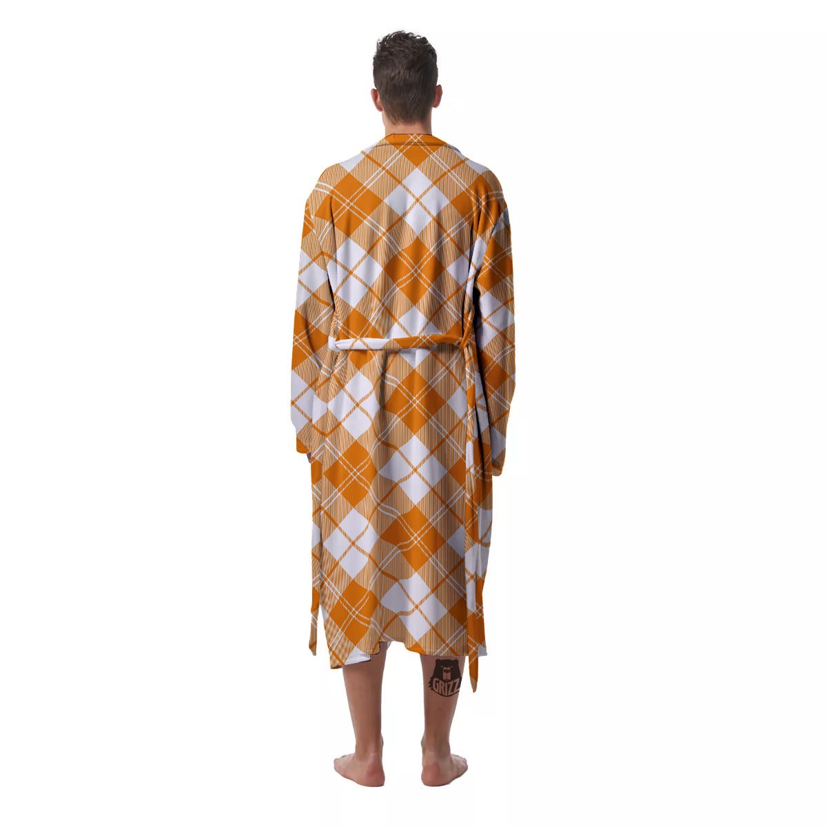 Argyle White And Orange Print Pattern Men's Robe-grizzshop
