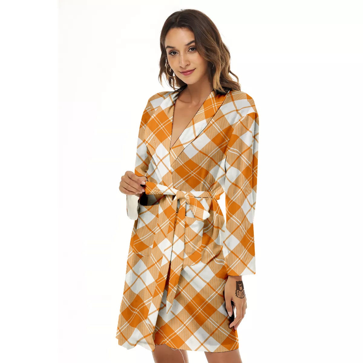 Argyle White And Orange Print Pattern Women's Robe-grizzshop