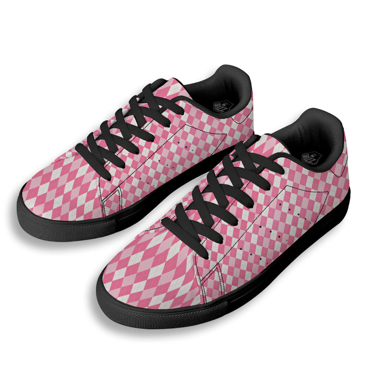 Argyle White And Pink Print Pattern Black Low Top Sneakers-grizzshop