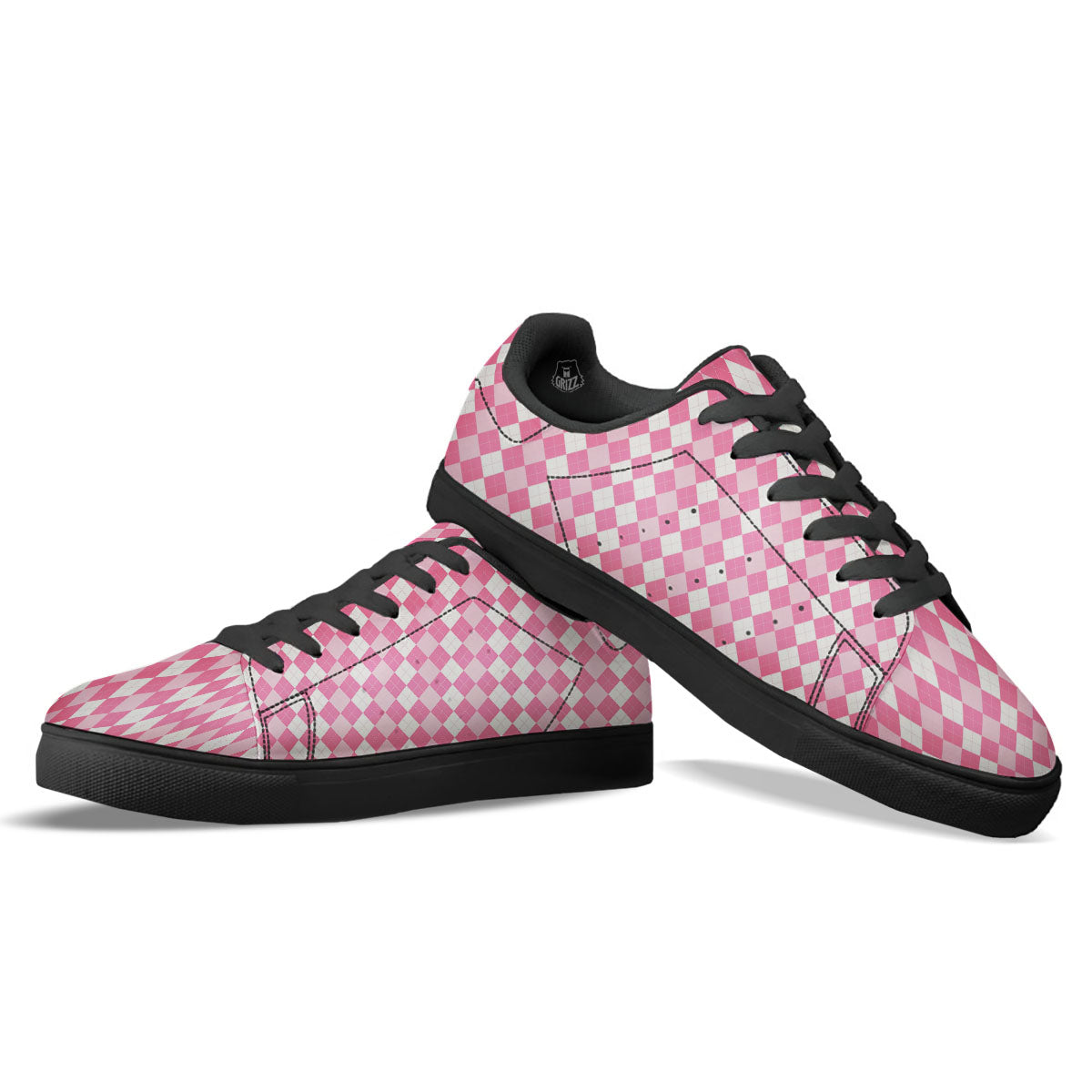 Argyle White And Pink Print Pattern Black Low Top Sneakers-grizzshop