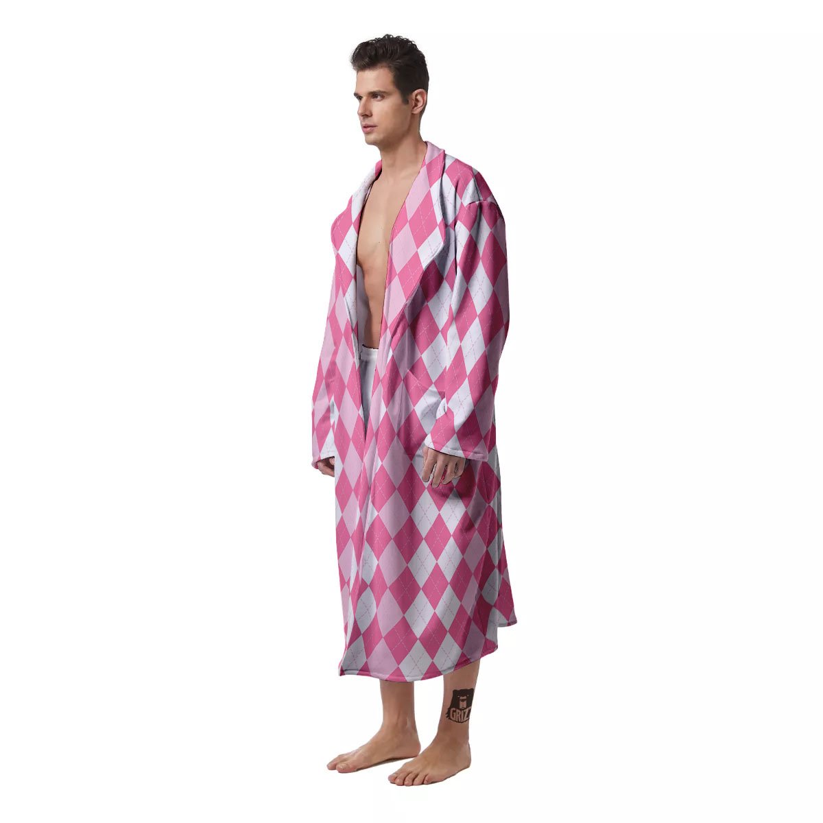 Argyle White And Pink Print Pattern Men's Robe-grizzshop