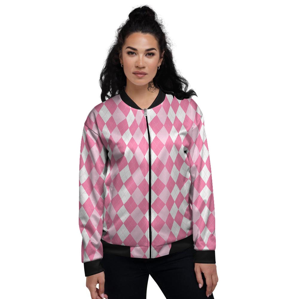 Argyle White And Pink Print Pattern Women's Bomber Jacket-grizzshop