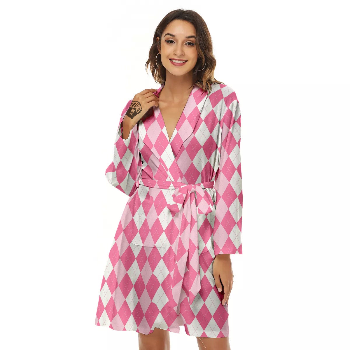 Argyle White And Pink Print Pattern Women's Robe-grizzshop