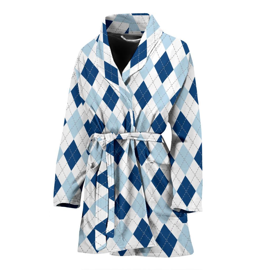 Argyle Blue Pattern Print Women Long Robe-grizzshop