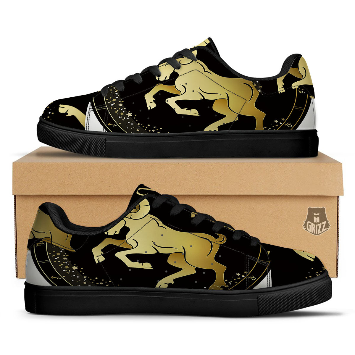 Aries Sign Black And Gold Print Black Low Top Sneakers-grizzshop