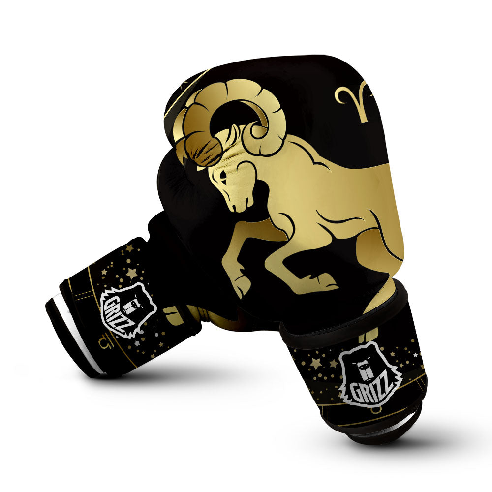 Aries Sign Black And Gold Print Boxing Gloves-grizzshop