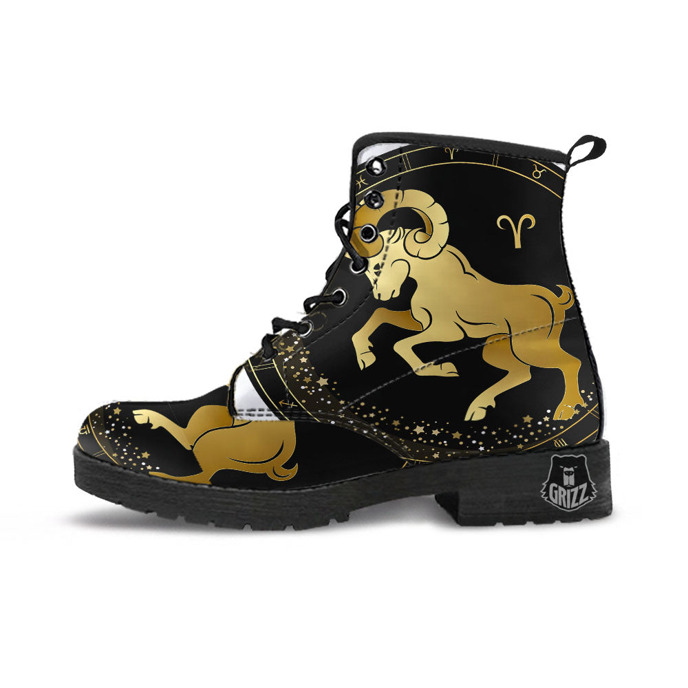 Aries Sign Black And Gold Print Leather Boots-grizzshop