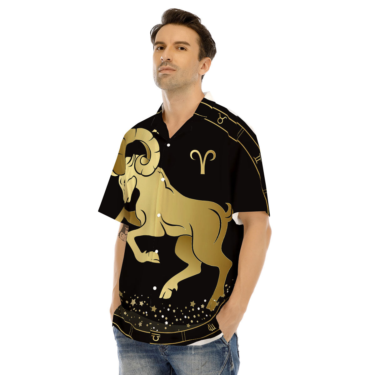Aries Sign Black And Gold Print Men's Hawaiian Shirt-grizzshop