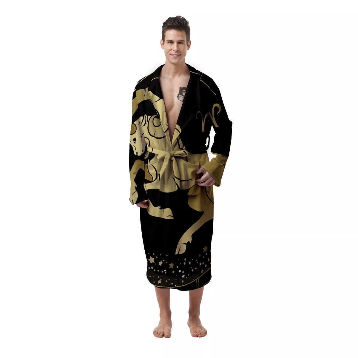 Aries Sign Black And Gold Print Men's Robe-grizzshop