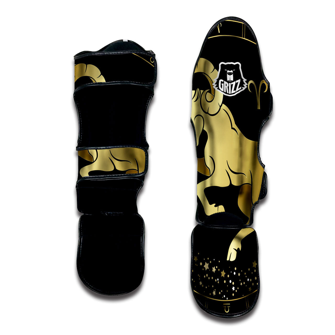 Aries Sign Black And Gold Print Muay Thai Shin Guards-grizzshop