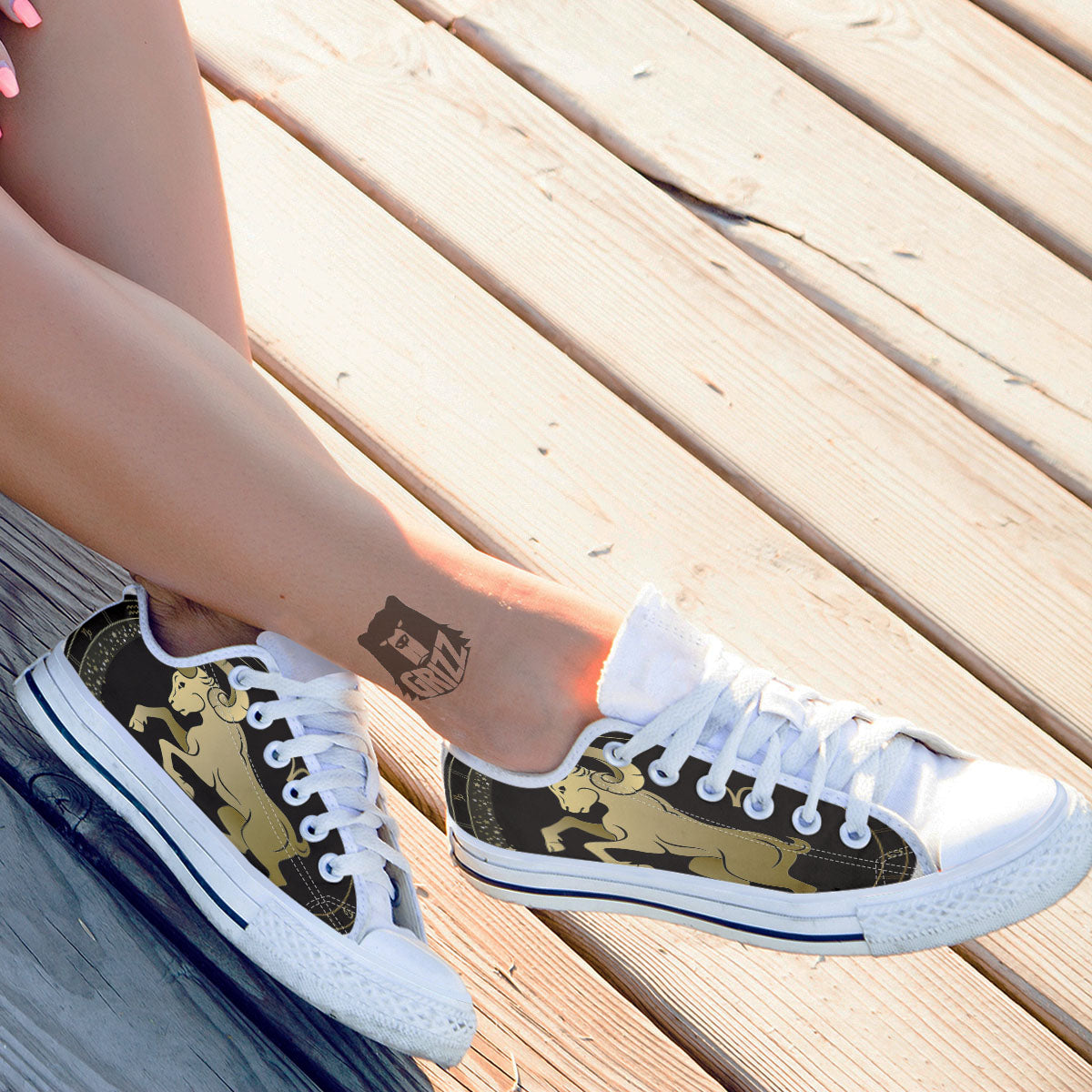 Aries Sign Black And Gold Print White Low Top Shoes-grizzshop