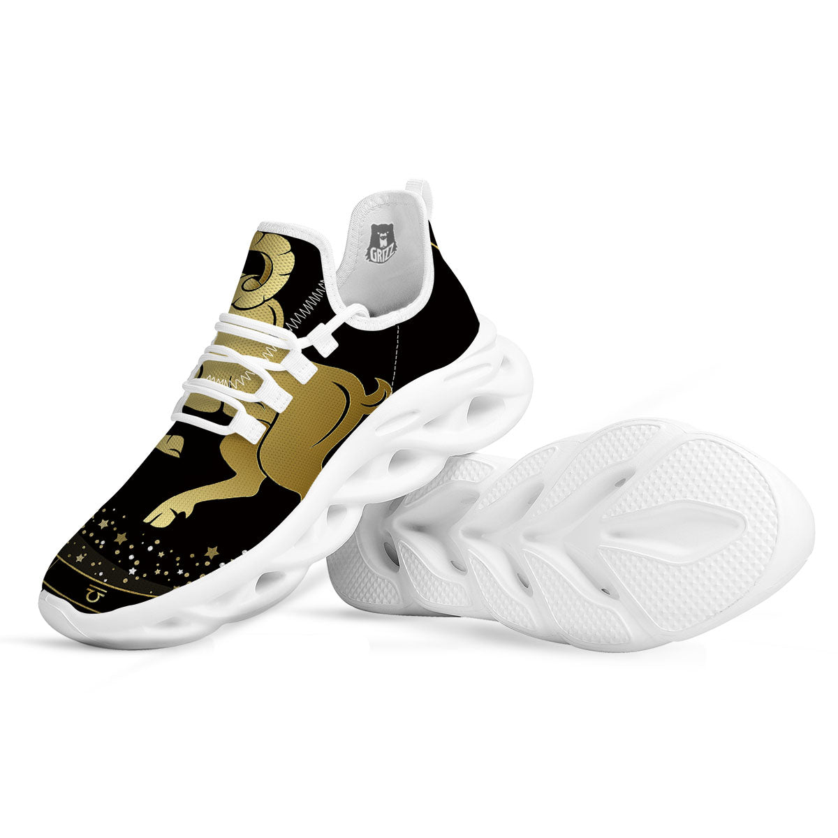 Aries Sign Black And Gold Print White Running Shoes-grizzshop