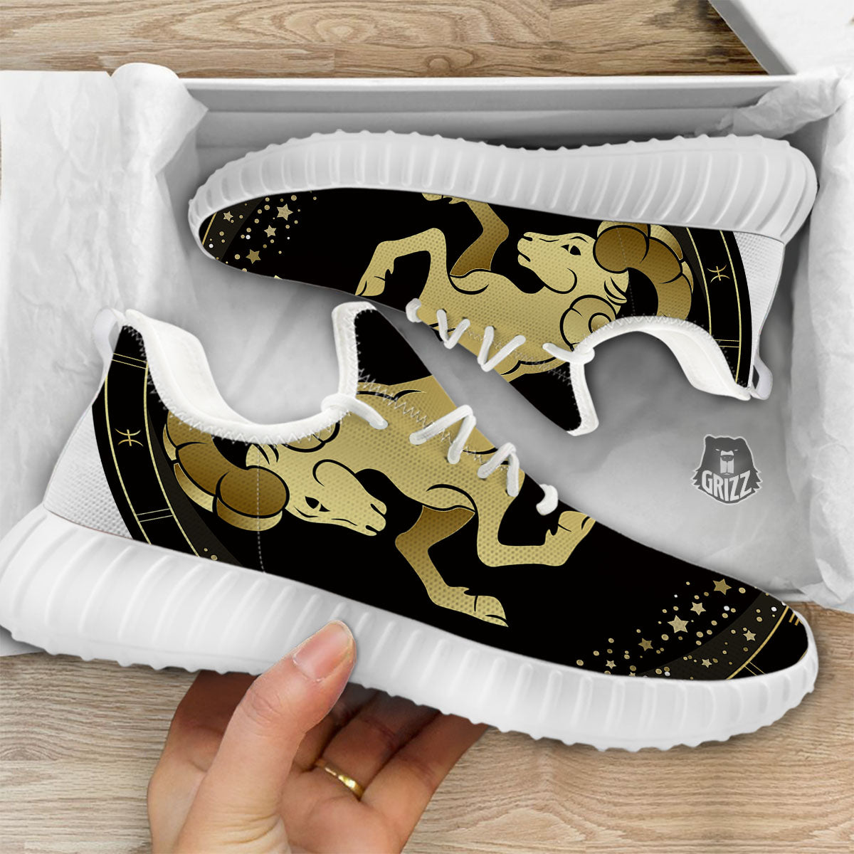 Aries Sign Black And Gold Print White Walking Shoes-grizzshop