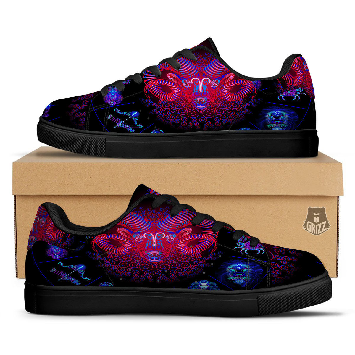 Astrological And Aries Signs Print Black Low Top Sneakers-grizzshop