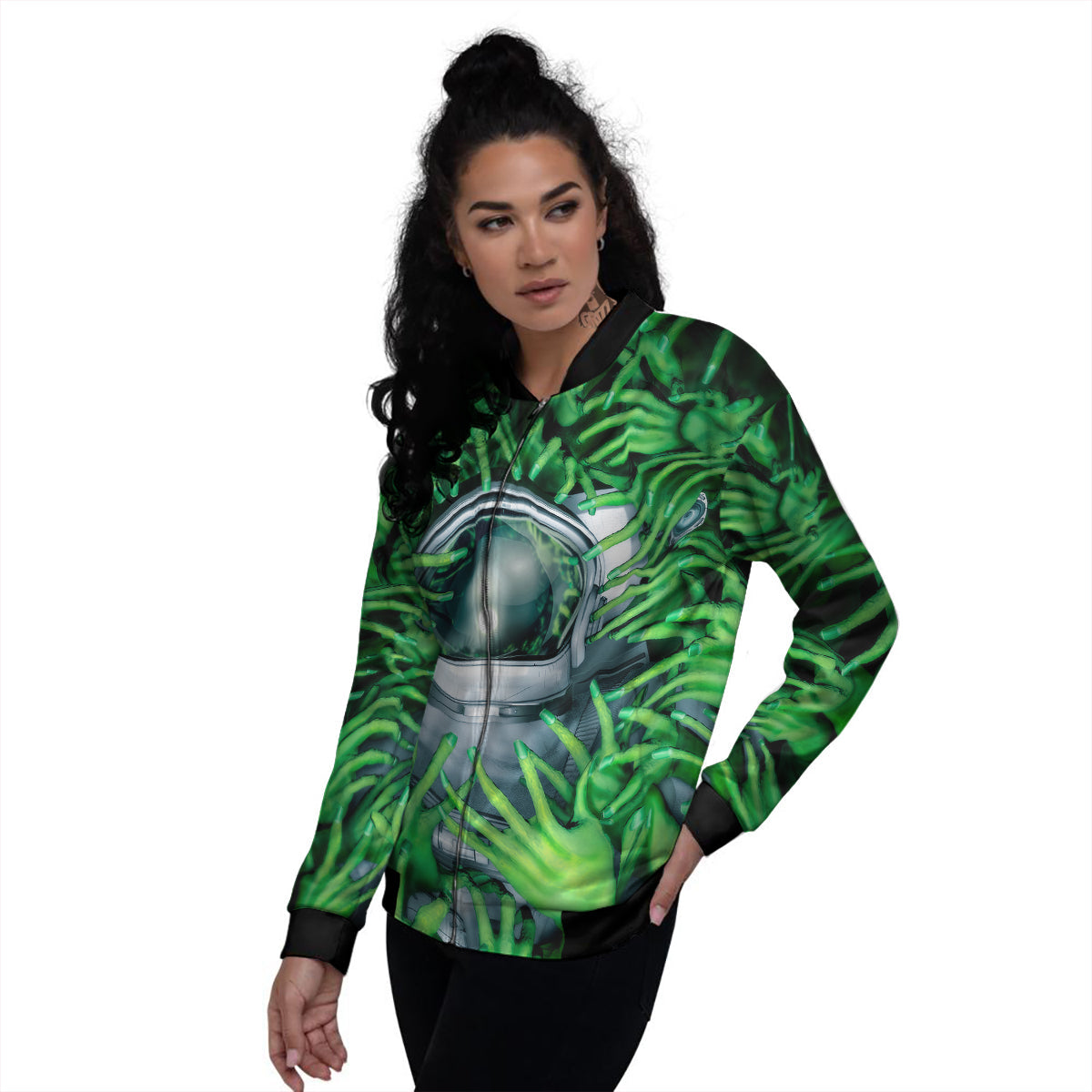 Astronaut And Alien Sci Fi Print Women's Bomber Jacket-grizzshop