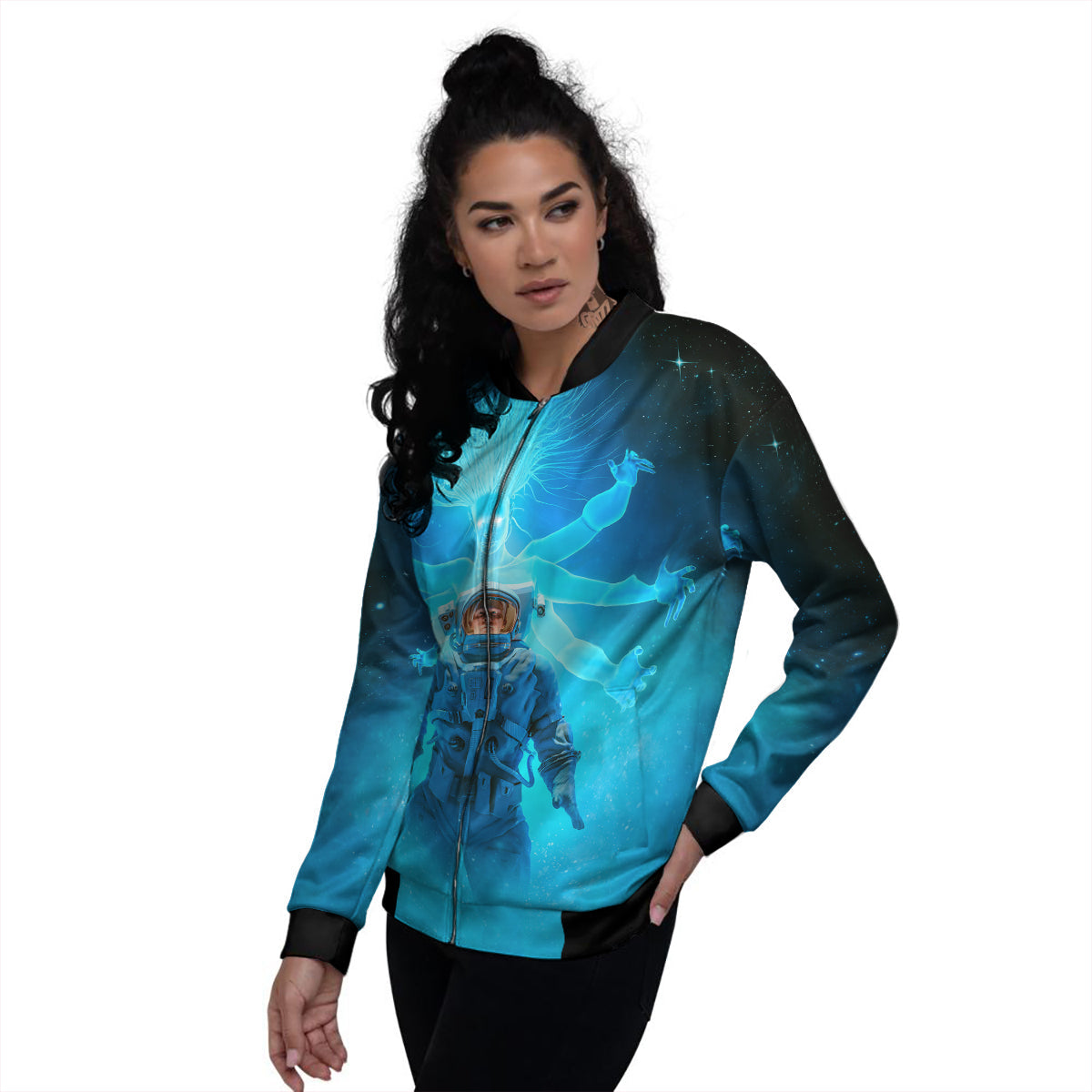 Astronaut And Female Alien Print Women's Bomber Jacket-grizzshop