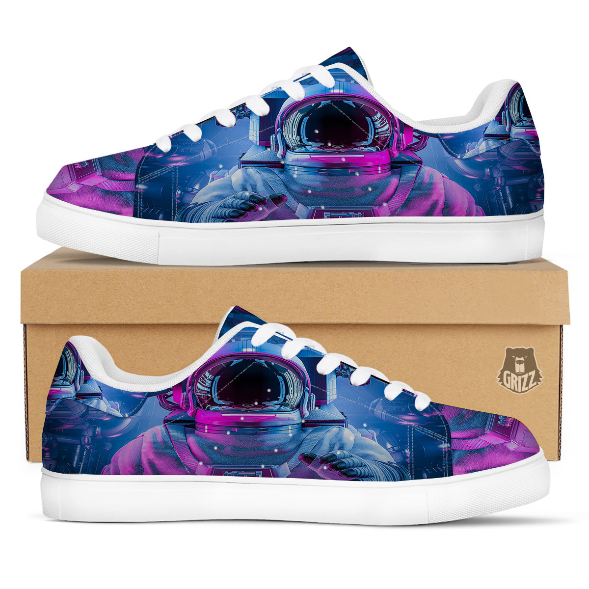 Astronaut Futuristic Print White Low Top Sneakers-grizzshop