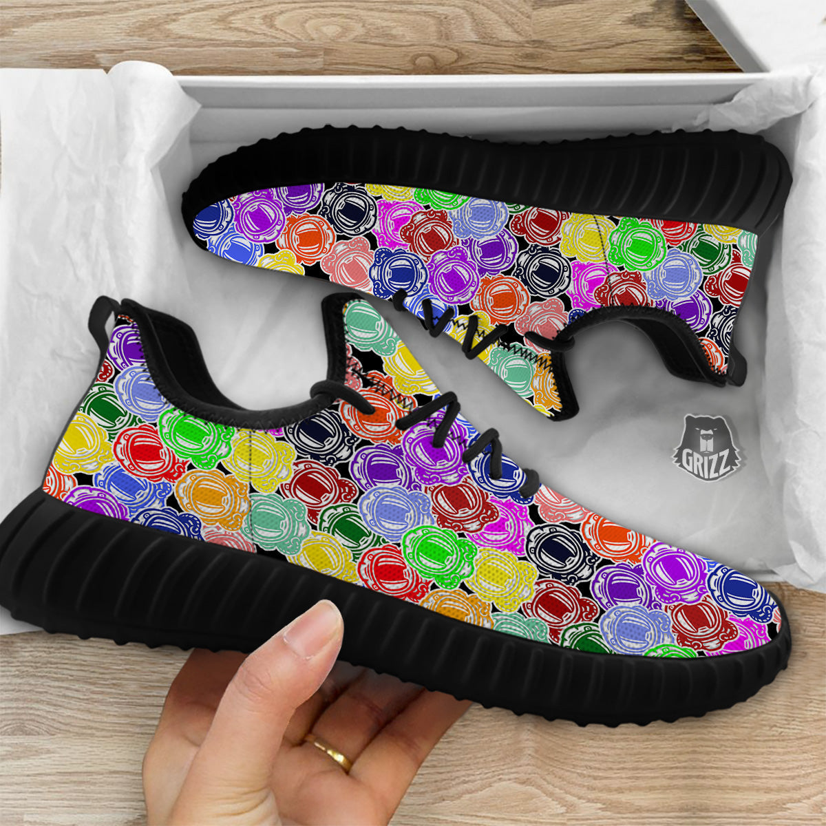 Astronaut Helmet Colorful Print Pattern Black Walking Shoes-grizzshop