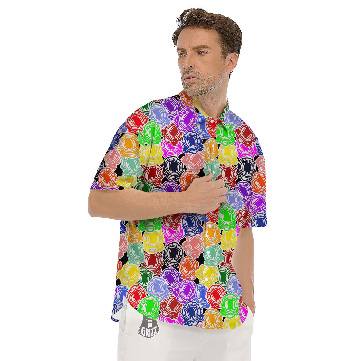 Astronaut Helmet Colorful Print Pattern Men's Short Sleeve Shirts-grizzshop
